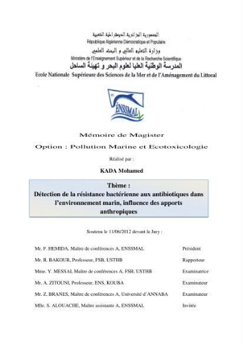 Détection de la résistance bactérienne aux antibiotiques dans l'environnement marin, influence des apports anthropiques: Détection de la résistance bactérienne aux antibiotiques dans l'environnement marin, influence des apports anthropiques: