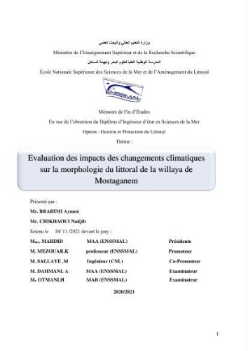 Evaluation des impacts des changements climatiques sur la morphologie du littoral de la wilaya de Mostaganem Evaluation des impacts des changements climatiques sur la morphologie du littoral de la wilaya de Mostaganem