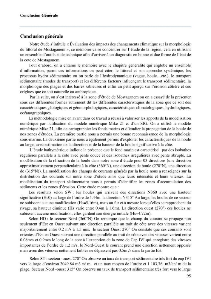 Evaluation des impacts des changements climatiques sur la morphologie du littoral de la wilaya de Mostaganem