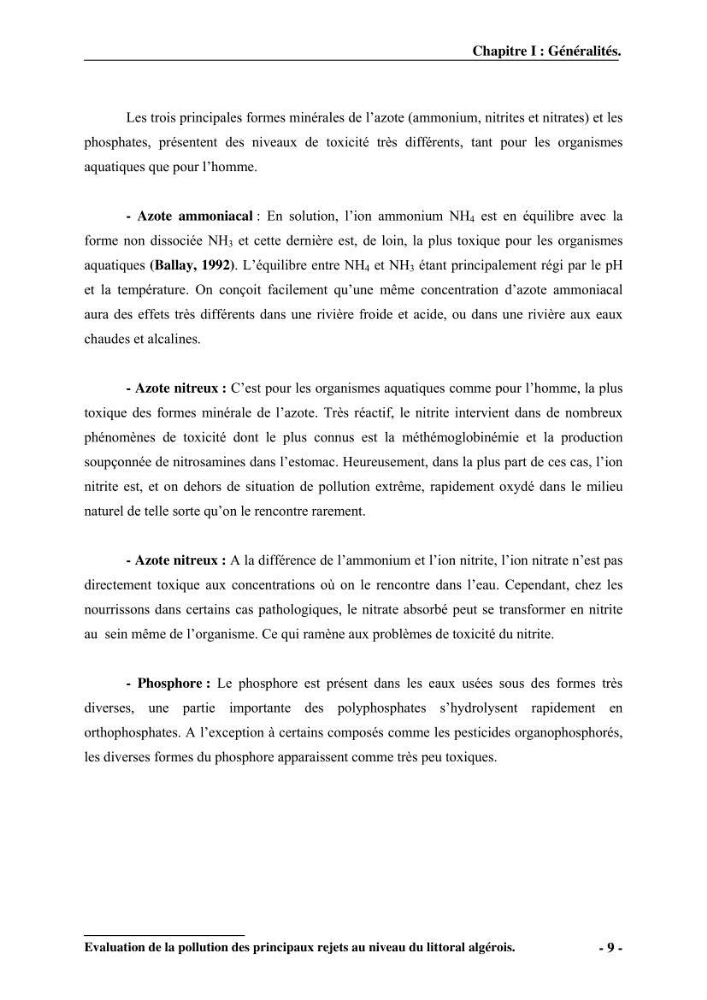 Evaluation de la pollution des principaux rejets au niveau du littoral Algérois