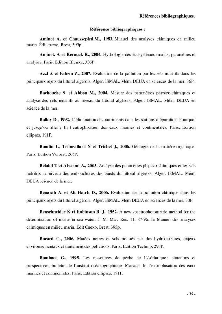 Evaluation de la pollution des principaux rejets au niveau du littoral Algérois