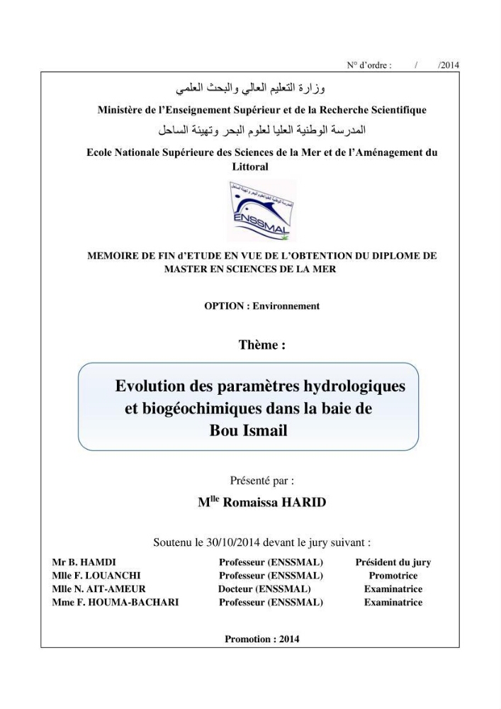 Evaluation des paramètres hydrologiques et biogéochimiques dans la baie de Bou-Ismail