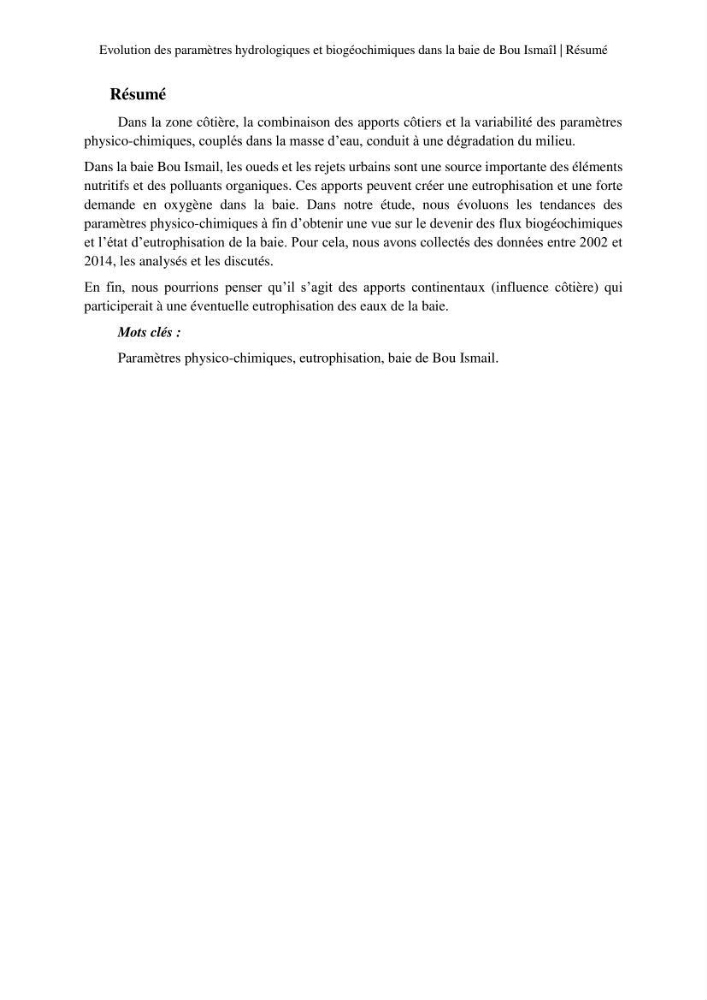 Evaluation des paramètres hydrologiques et biogéochimiques dans la baie de Bou-Ismail