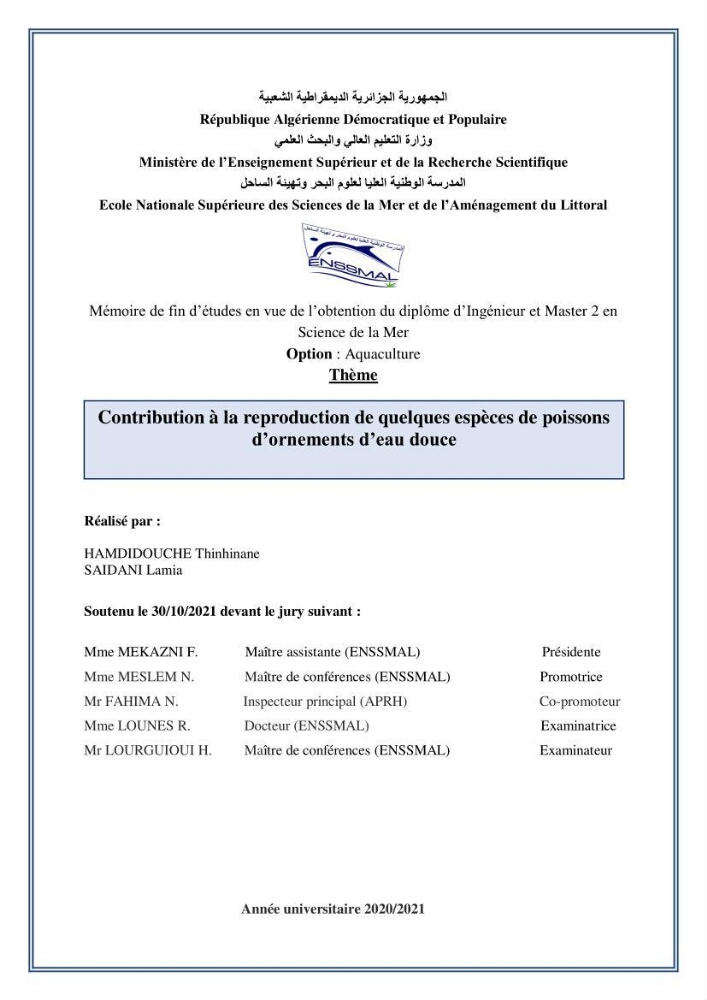 Contribution à la reproduction de quelques espèces de poissons d’ornements d’eau douce :