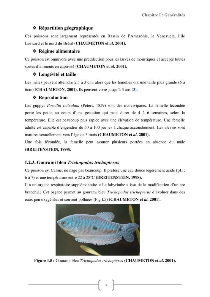 Contribution à la reproduction de quelques espèces de poissons d’ornements d’eau douce :