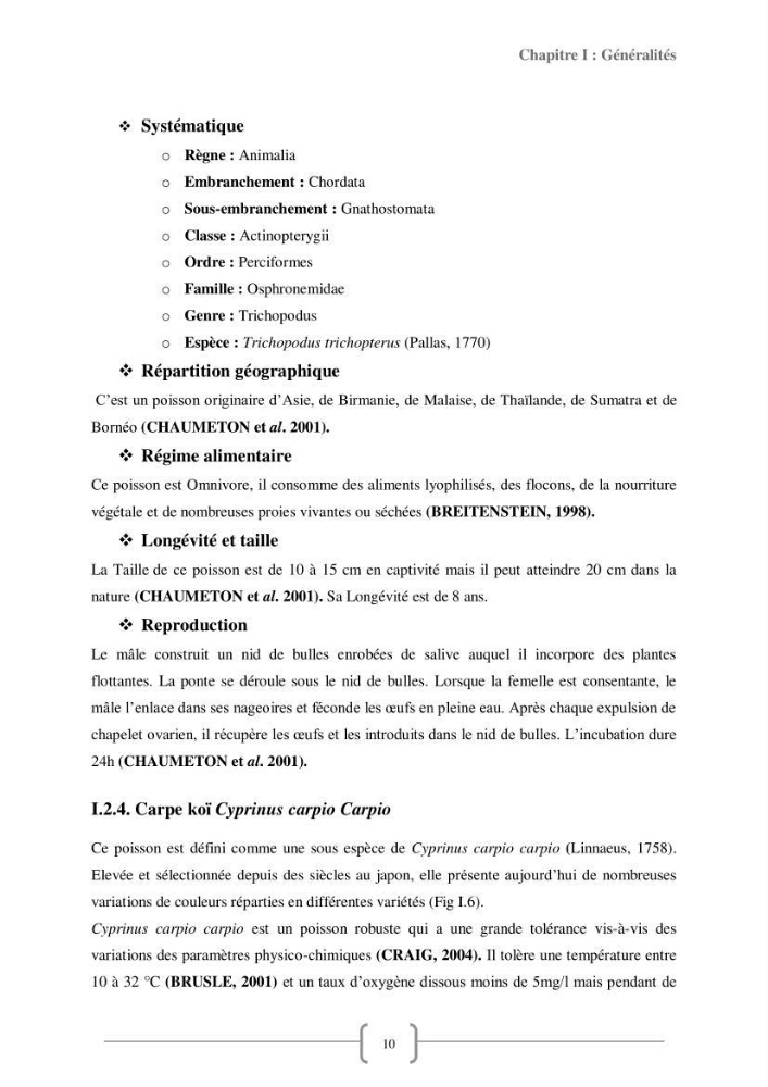 Contribution à la reproduction de quelques espèces de poissons d’ornements d’eau douce :