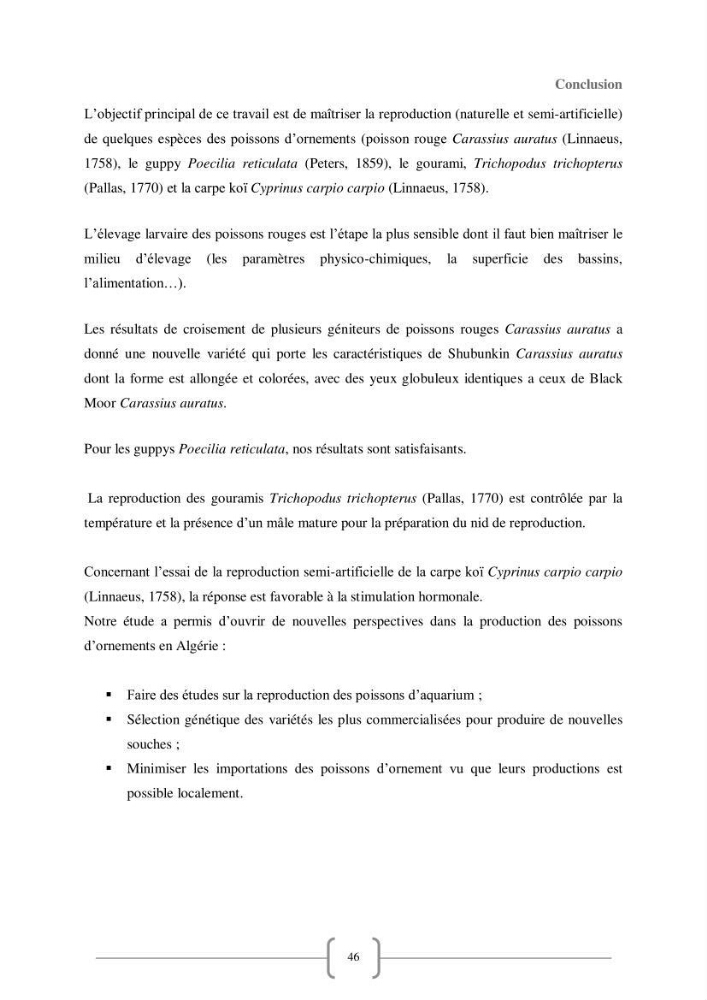 Contribution à la reproduction de quelques espèces de poissons d’ornements d’eau douce :