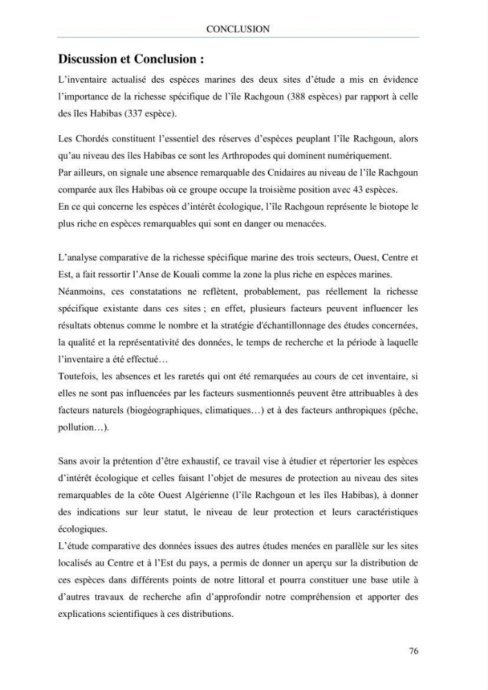 inventaire de la faune et de la flore marine d\'intérêt écologique des sites remarquables de la côte Ouest Algérienne