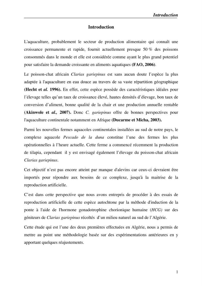Expérémentation sur la reproduction artificielle du poisson-chat africain clarias gariepinus (bruchell, 1822)