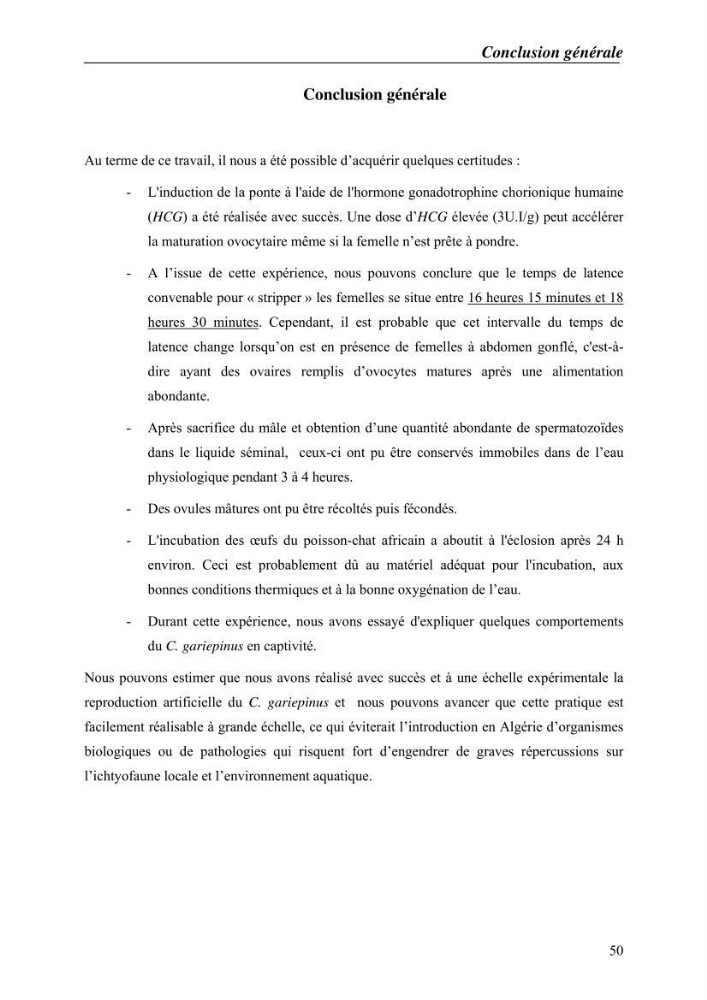 Expérémentation sur la reproduction artificielle du poisson-chat africain clarias gariepinus (bruchell, 1822)