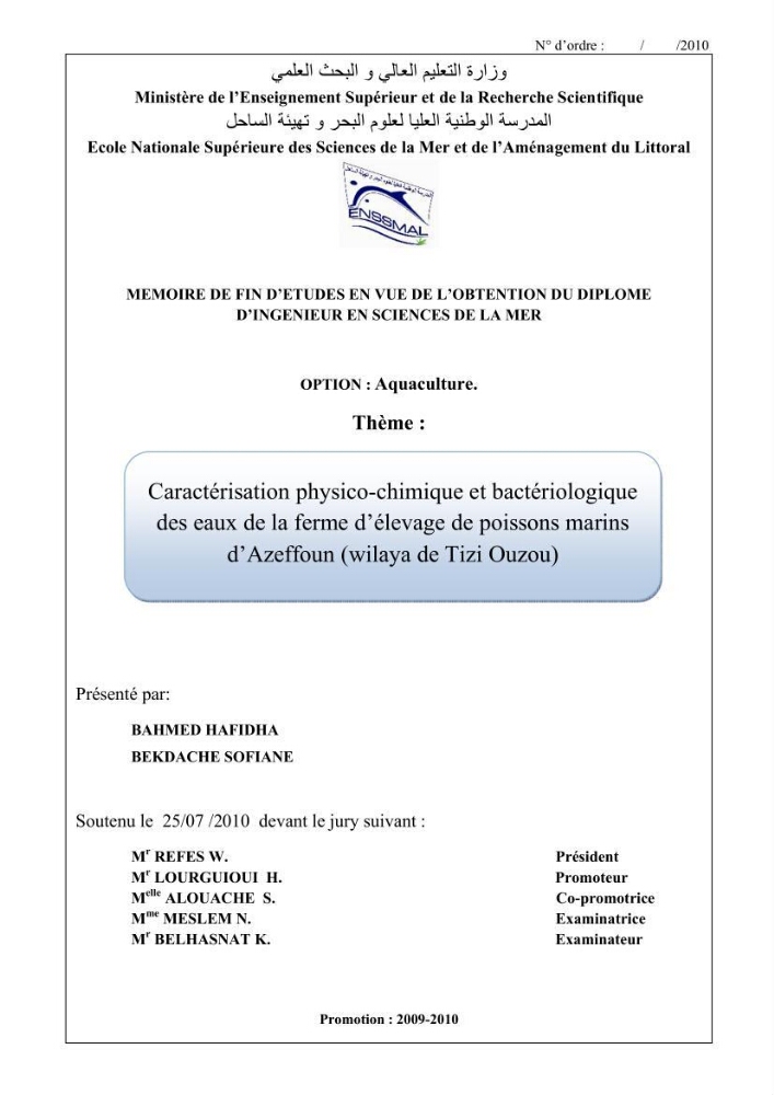 Caractérisation physico-chimique et bactériologique des eaux de la ferme d\'élevage de poissons marins d\'Azeffoun (Willaya de Tizi Ouzou):