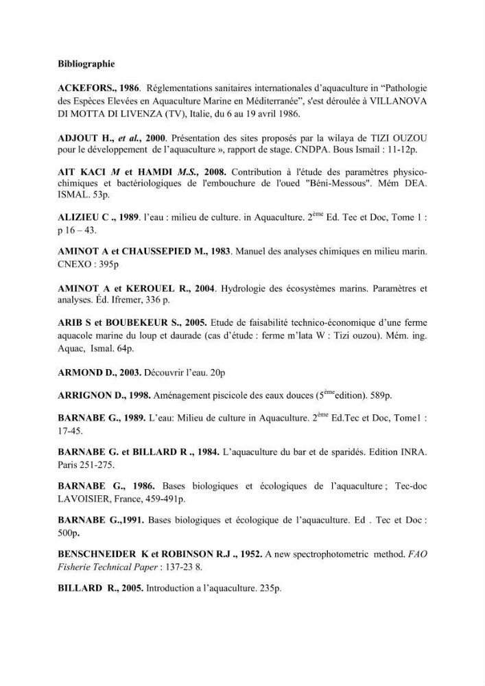 Caractérisation physico-chimique et bactériologique des eaux de la ferme d\'élevage de poissons marins d\'Azeffoun (Willaya de Tizi Ouzou):