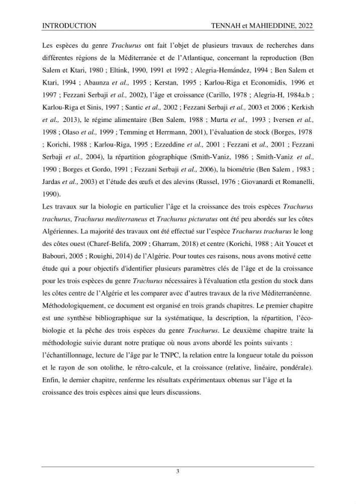 Contribution à l\'étude de l\'âge et de la croissance des espèces du genre Trachurus ( Téléostéens, Carangidae ) de la région centre du littoral algérien.