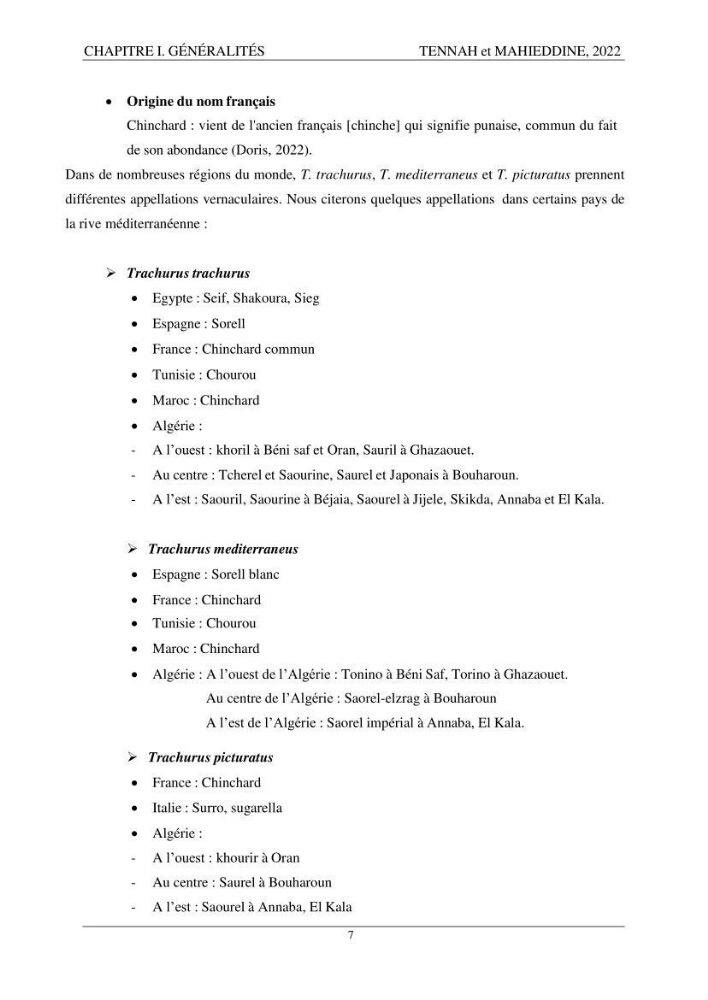 Contribution à l\'étude de l\'âge et de la croissance des espèces du genre Trachurus ( Téléostéens, Carangidae ) de la région centre du littoral algérien.