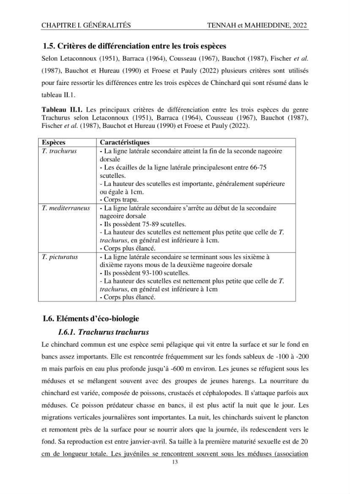 Contribution à l\'étude de l\'âge et de la croissance des espèces du genre Trachurus ( Téléostéens, Carangidae ) de la région centre du littoral algérien.