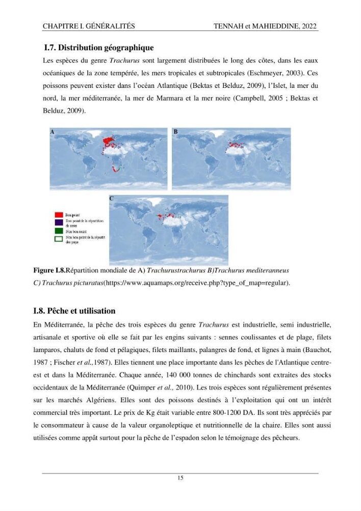 Contribution à l\'étude de l\'âge et de la croissance des espèces du genre Trachurus ( Téléostéens, Carangidae ) de la région centre du littoral algérien.