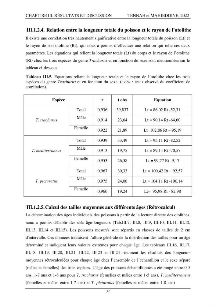 Contribution à l\'étude de l\'âge et de la croissance des espèces du genre Trachurus ( Téléostéens, Carangidae ) de la région centre du littoral algérien.
