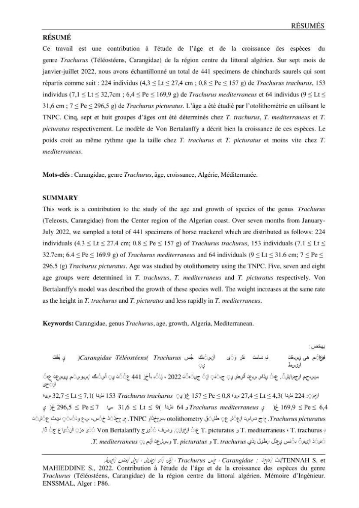 Contribution à l\'étude de l\'âge et de la croissance des espèces du genre Trachurus ( Téléostéens, Carangidae ) de la région centre du littoral algérien.