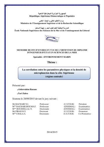 La corrélation entre les paramètres physiques et la densité de microplancton dans la côte Algérienne: région centrale La corrélation entre les paramètres physiques et la densité de microplancton dans la côte Algérienne: région centrale