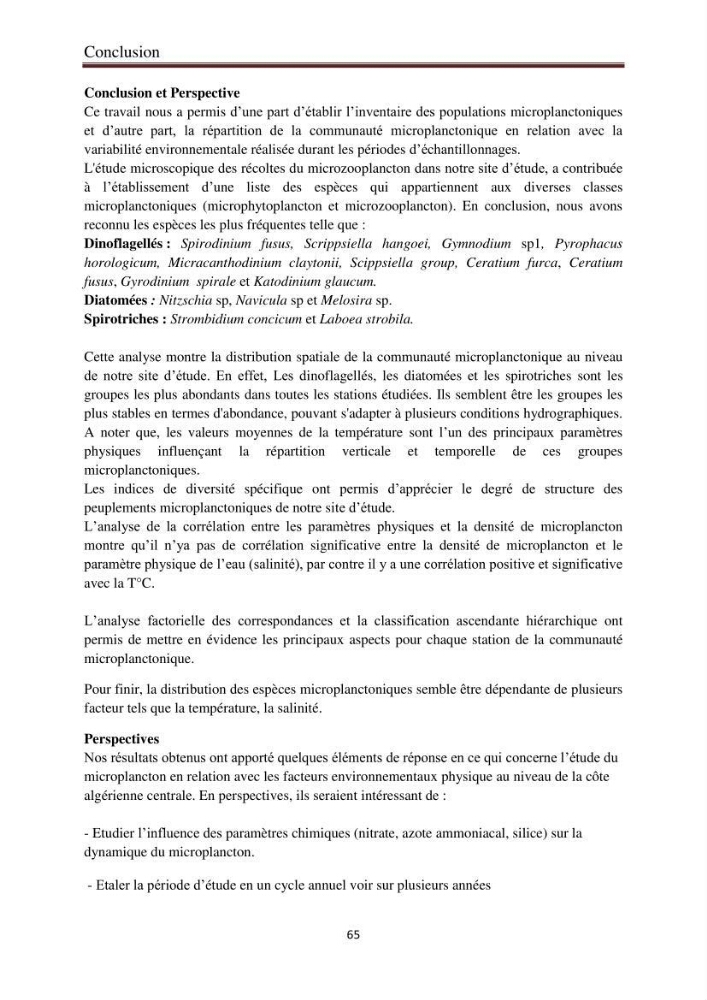 La corrélation entre les paramètres physiques et la densité de microplancton dans la côte Algérienne: région centrale