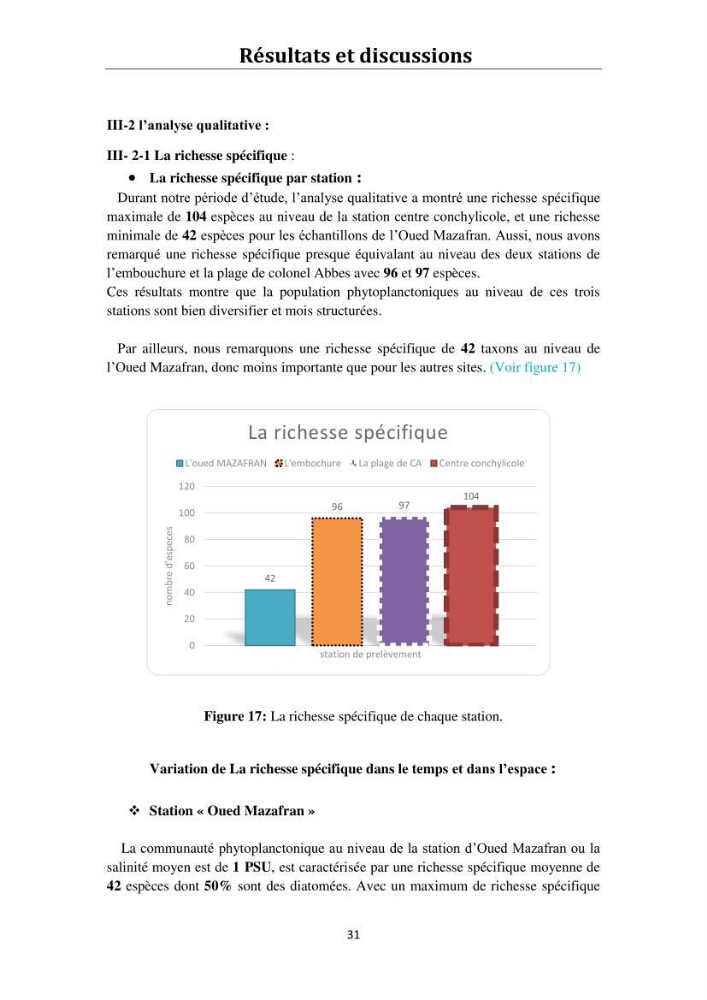 Suivi de la dynamique des populations phytoplanctoniques au niveau d’une zone estuarienne cas de « Oued Mazafran ».