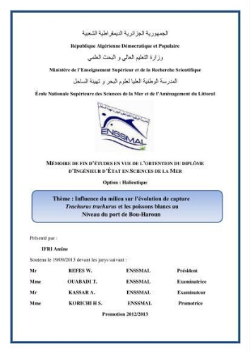 Influence du milieu sur l'évolution de capture Trachurus trachurus et les poissons blancs au niveau du port de Bouharoun: Influence du milieu sur l'évolution de capture Trachurus trachurus et les poissons blancs au niveau du port de Bouharoun: