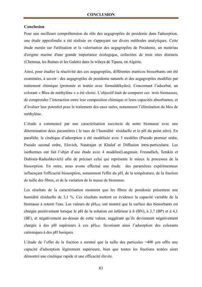 Etude de la valorisation d\'une biomasse marine en vue de son utilisation pour le traitement de l\'eau