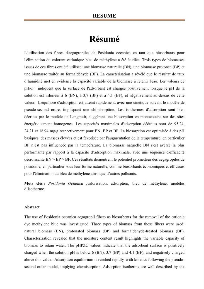 Etude de la valorisation d\'une biomasse marine en vue de son utilisation pour le traitement de l\'eau