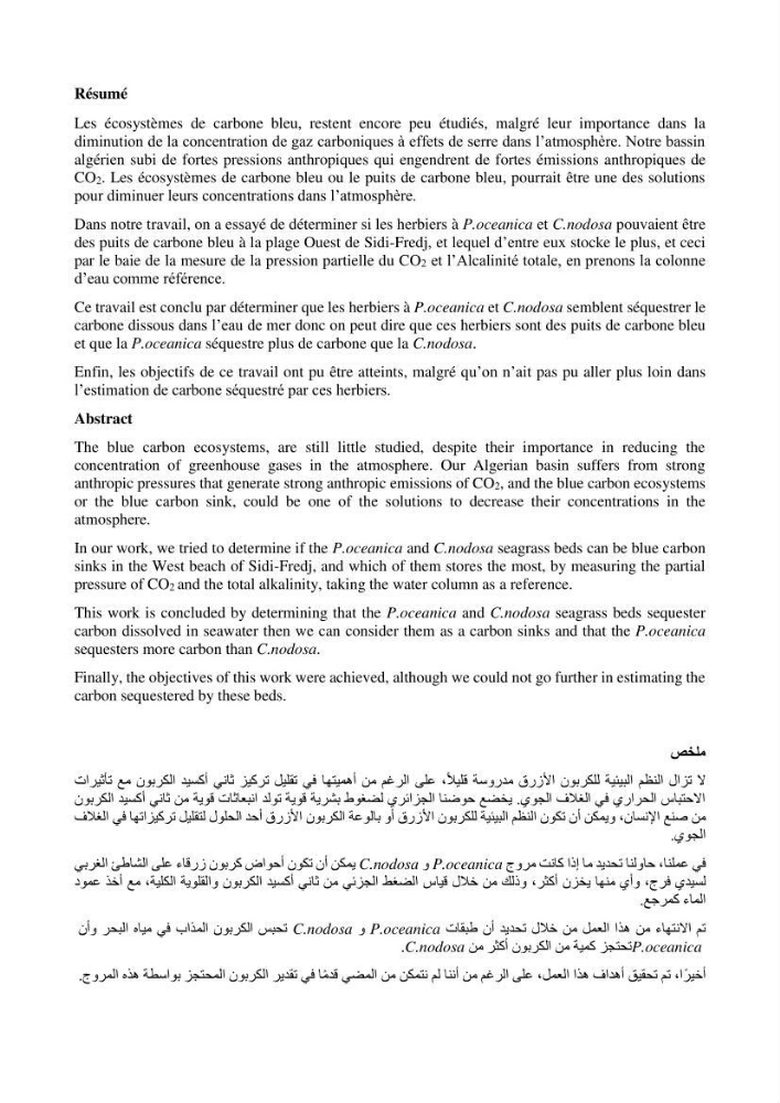Estimation du carbone bleu dans les herbiers sous-marins de Sidi-Fredj: Cymodocea nodosa et Posidonia oceanica.