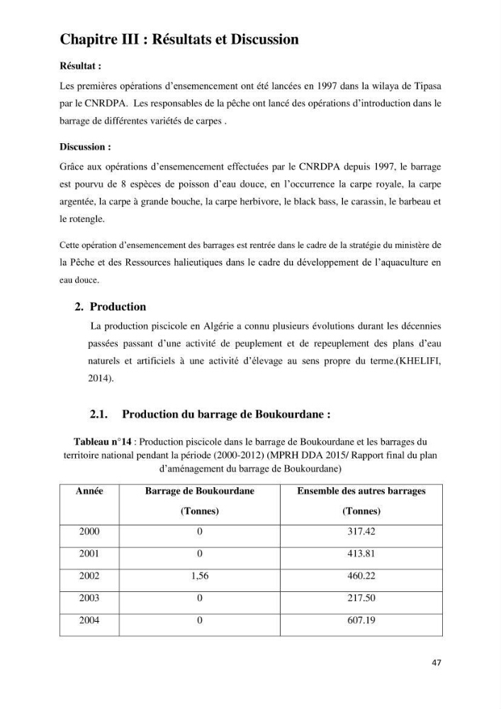 Evaluation des ressources piscicoles d\'un plan d\'eau : le barrage de Boukerdane (Wilaya de Tipaza)