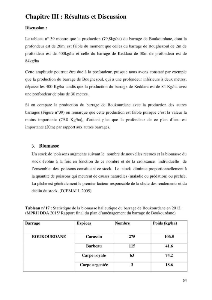 Evaluation des ressources piscicoles d\'un plan d\'eau : le barrage de Boukerdane (Wilaya de Tipaza)