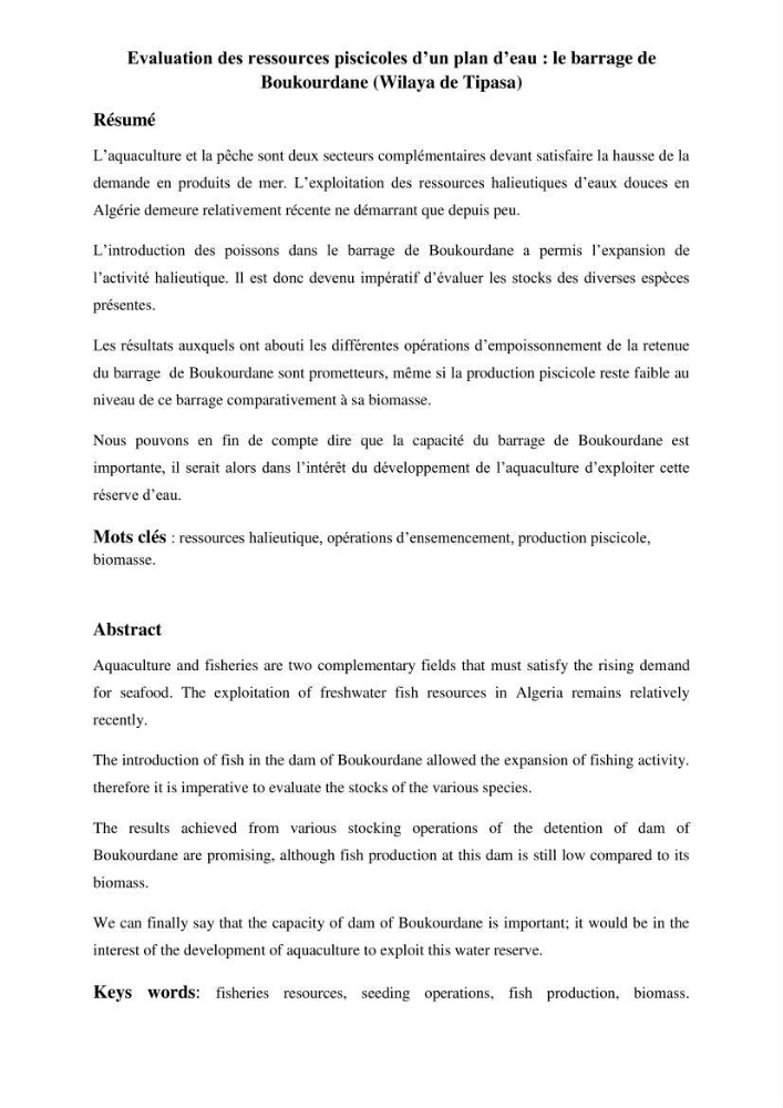 Evaluation des ressources piscicoles d\'un plan d\'eau : le barrage de Boukerdane (Wilaya de Tipaza)