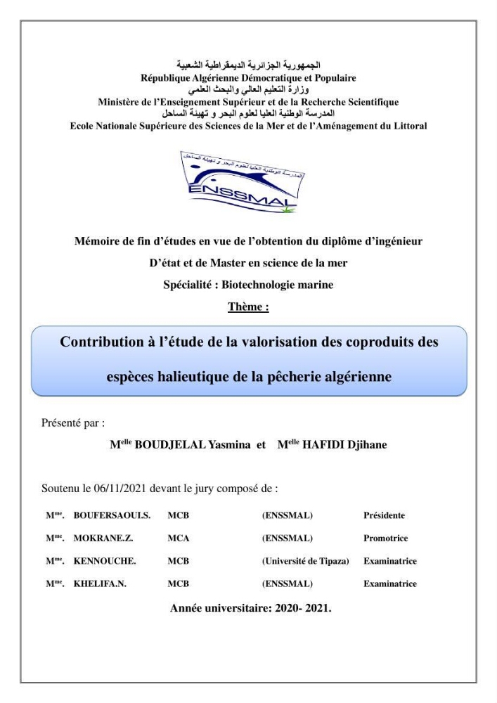 Contribution à l\'étude de la valorisation des coproduits des éspèces halieutique de la pêcherie algérienne: