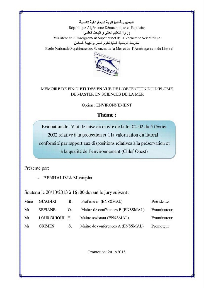 Evaluation de l\'état de mise en oeuvre de la loi 02-02 du 5 février 2002 relative à la protection et à la valorisation du littoral