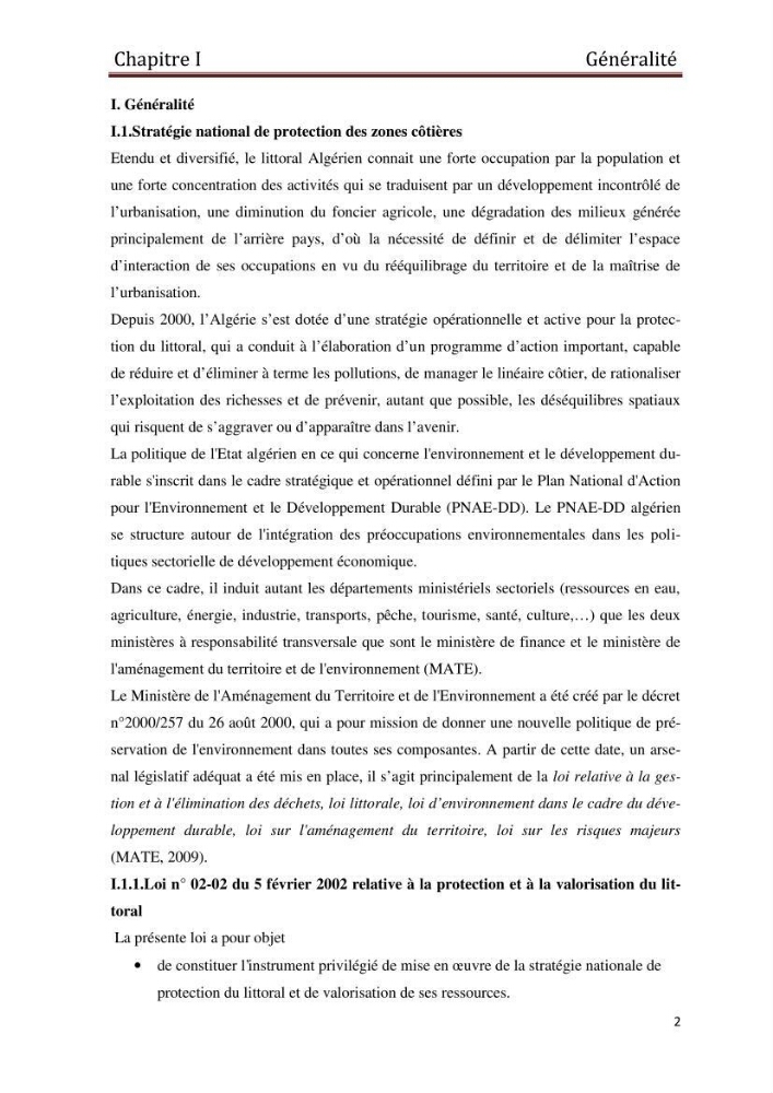 Evaluation de l\'état de mise en oeuvre de la loi 02-02 du 5 février 2002 relative à la protection et à la valorisation du littoral
