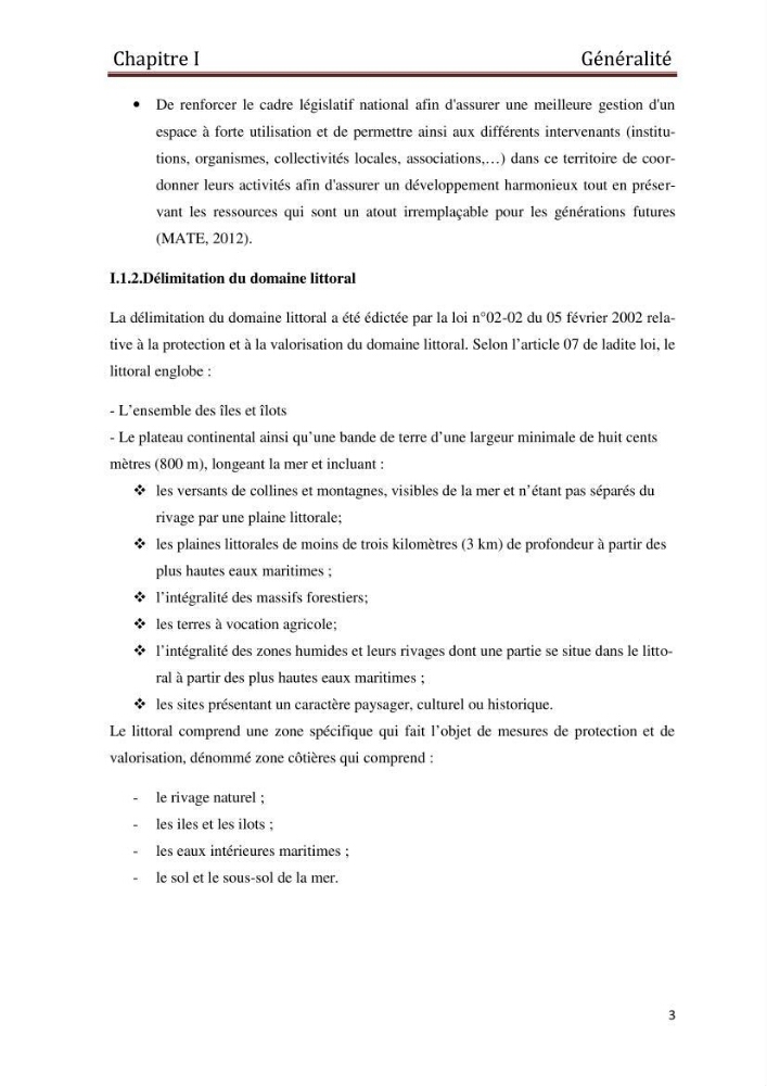 Evaluation de l\'état de mise en oeuvre de la loi 02-02 du 5 février 2002 relative à la protection et à la valorisation du littoral