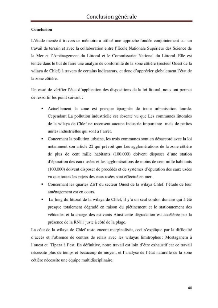 Evaluation de l\'état de mise en oeuvre de la loi 02-02 du 5 février 2002 relative à la protection et à la valorisation du littoral