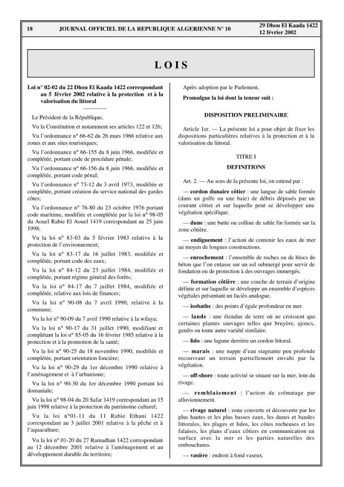 Evaluation de l\'état de mise en oeuvre de la loi 02-02 du 5 février 2002 relative à la protection et à la valorisation du littoral