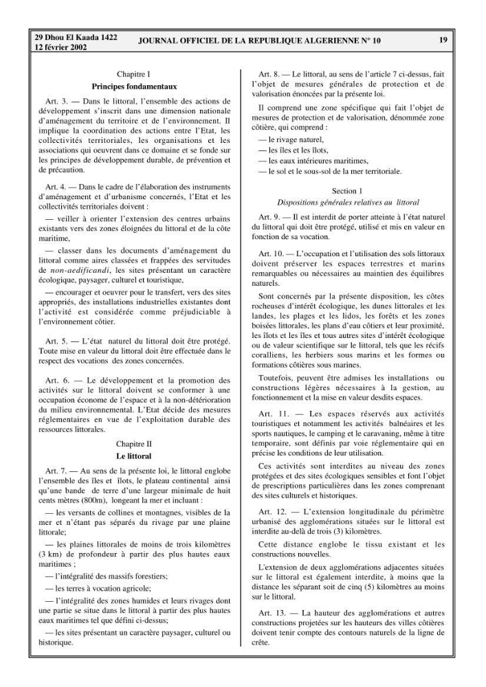 Evaluation de l\'état de mise en oeuvre de la loi 02-02 du 5 février 2002 relative à la protection et à la valorisation du littoral