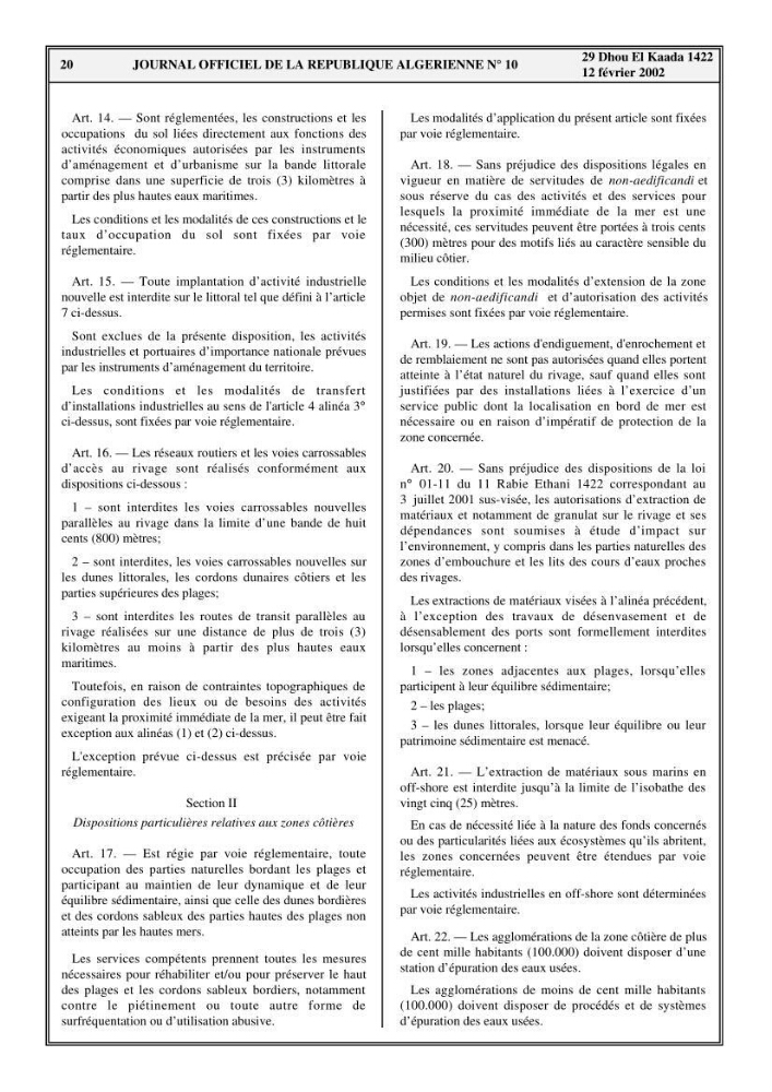 Evaluation de l\'état de mise en oeuvre de la loi 02-02 du 5 février 2002 relative à la protection et à la valorisation du littoral