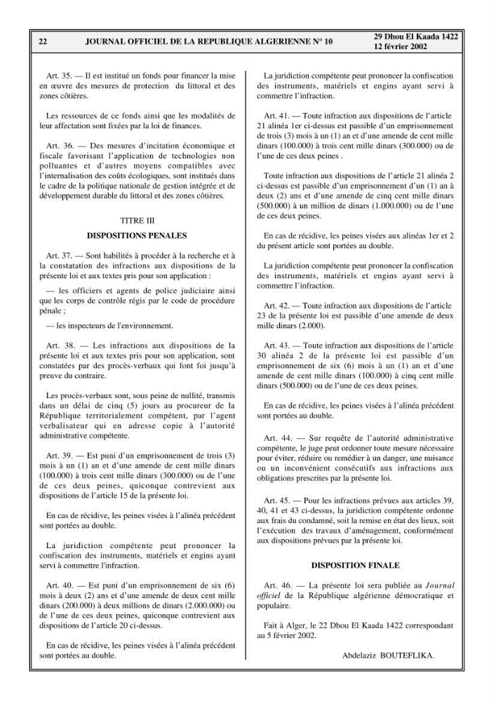Evaluation de l\'état de mise en oeuvre de la loi 02-02 du 5 février 2002 relative à la protection et à la valorisation du littoral