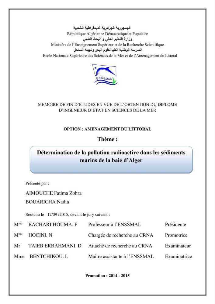 Détermination de la pollution radioactive dans les sédiments marins de la baie d\'Alger: