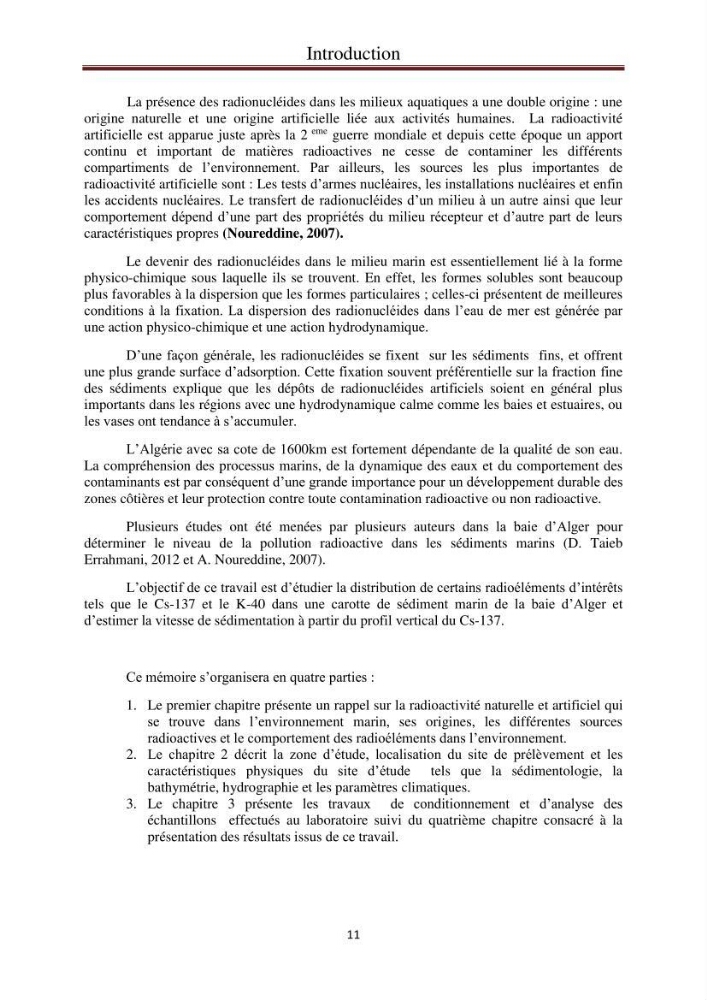 Détermination de la pollution radioactive dans les sédiments marins de la baie d\'Alger: