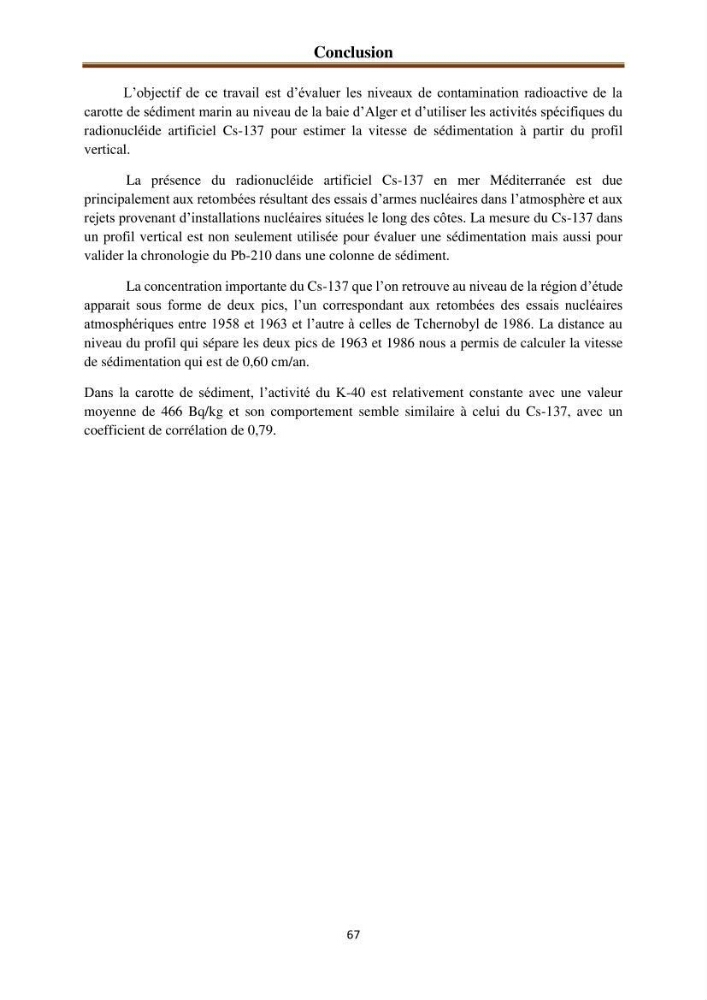 Détermination de la pollution radioactive dans les sédiments marins de la baie d\'Alger: