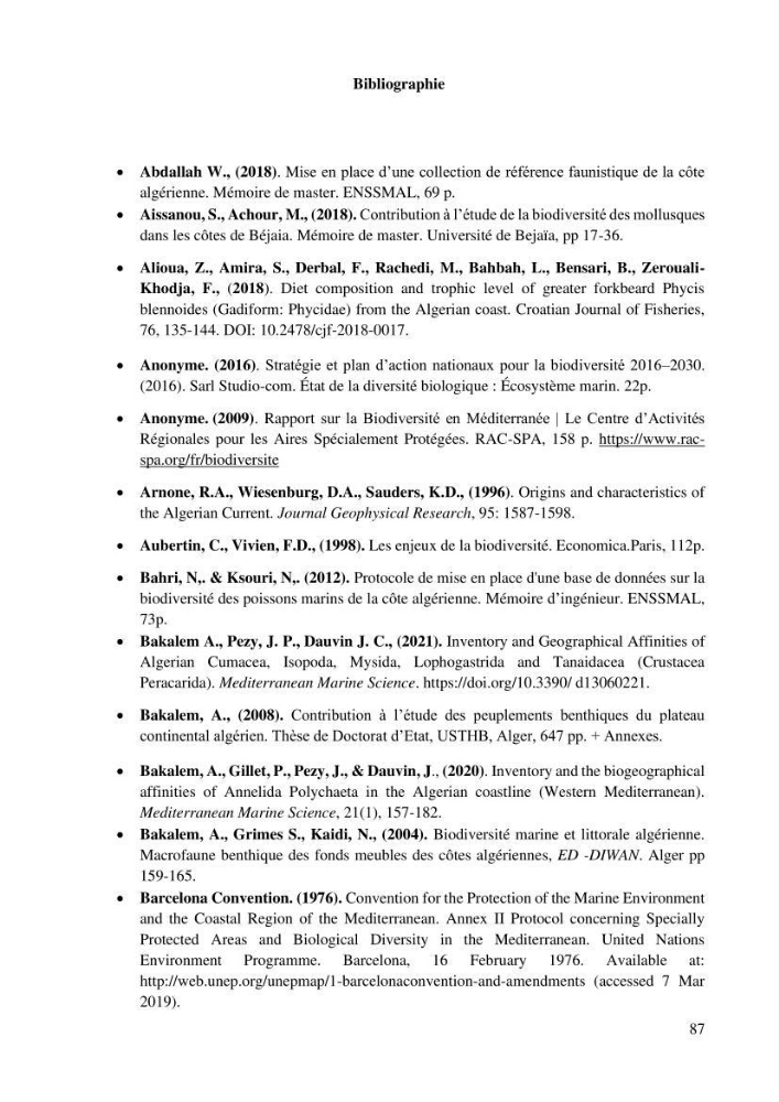 Inventaire et Systématique de quelques Invertébrés et VertébrésMarins de la côte Algérienne: