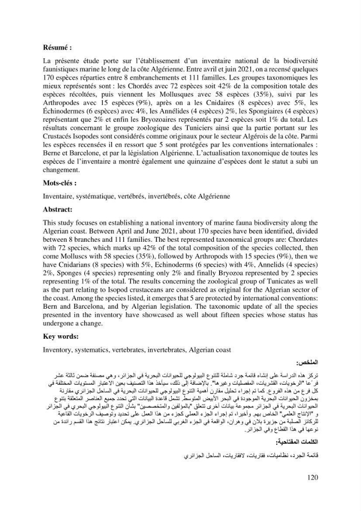 Inventaire et Systématique de quelques Invertébrés et VertébrésMarins de la côte Algérienne: