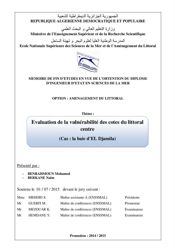 Evaluation de la vulnérabilité des côtes du littoral centre: cas de la baie d\'El Djamila