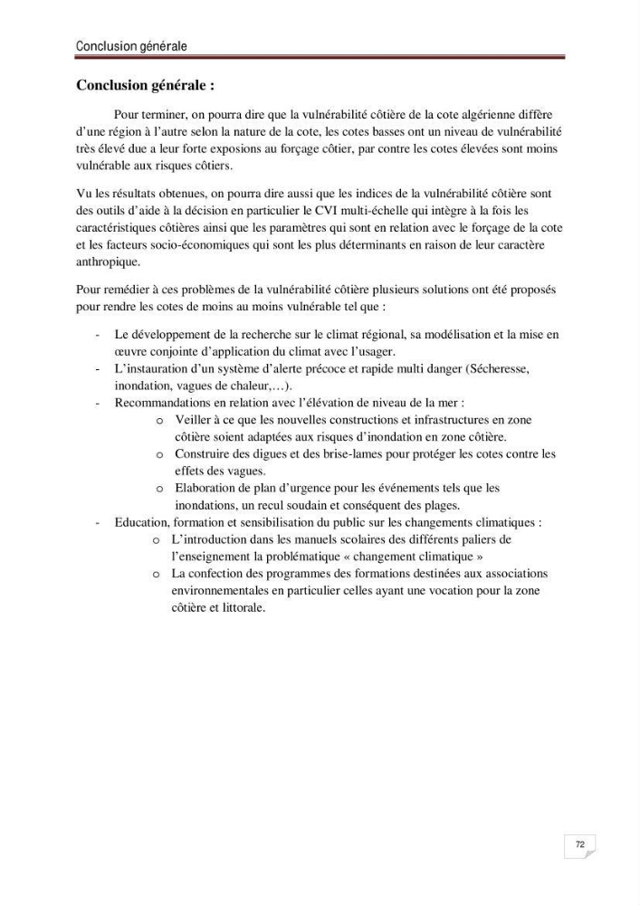 Evaluation de la vulnérabilité des côtes du littoral centre: cas de la baie d\'El Djamila