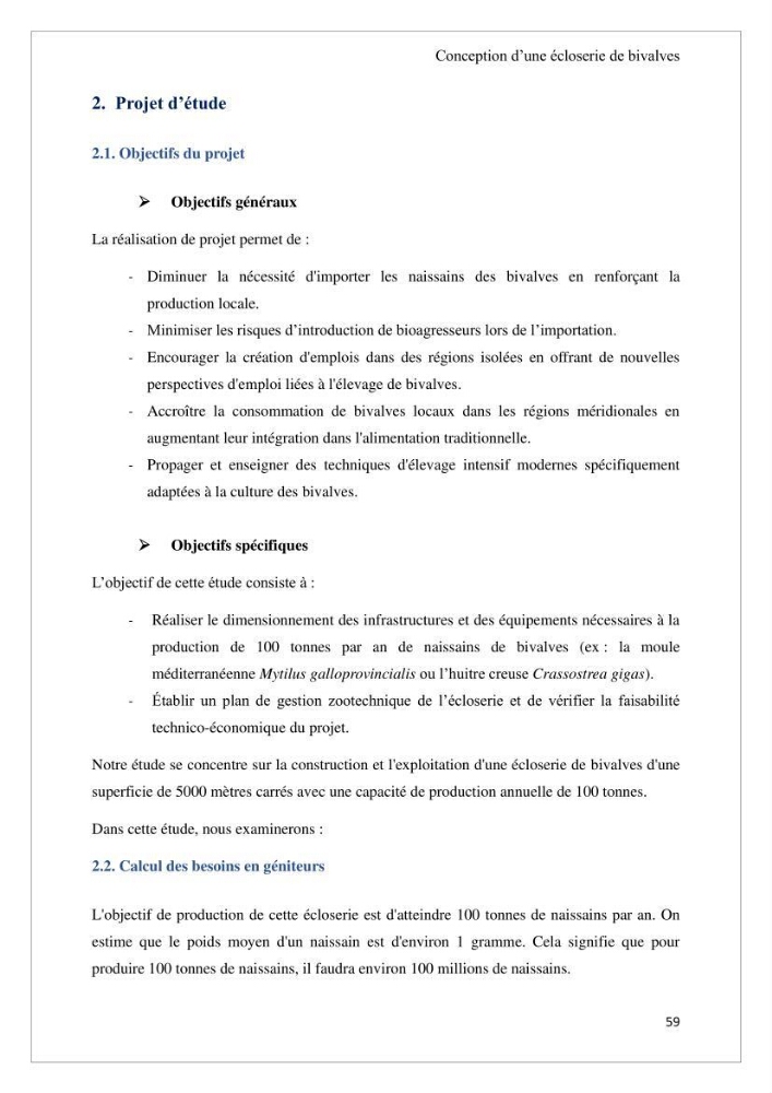 Conception d’une ferme aquacole et essai de production de naissains de bivalves