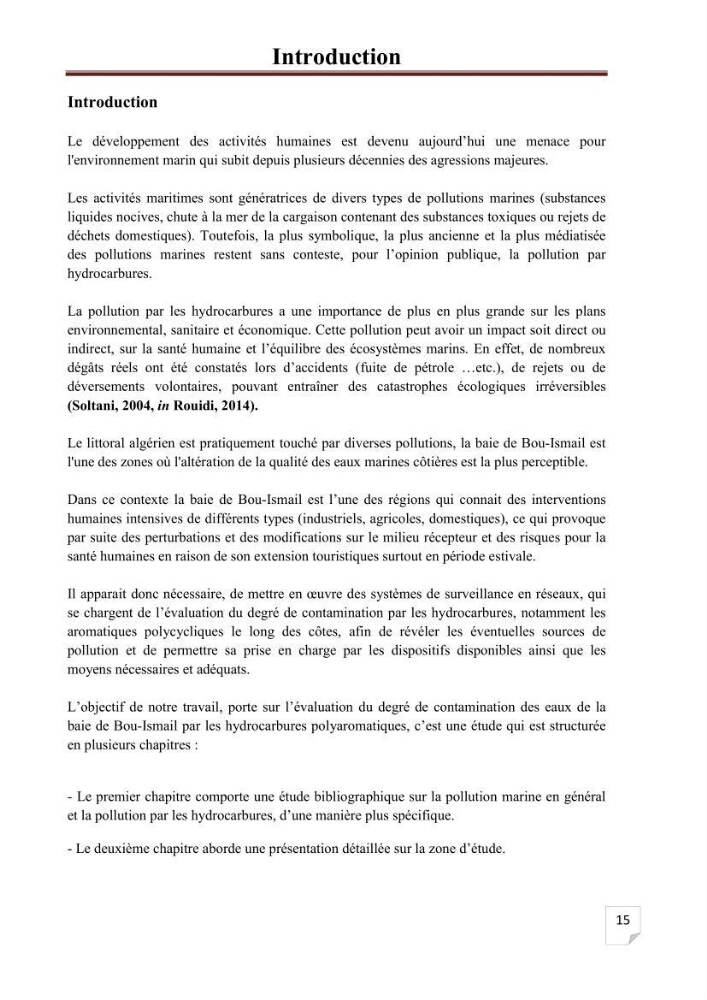 Etat de la pollution par les hydrocarbures aromatiques polycycliques dans les eaux de la baie de Bou-Ismail